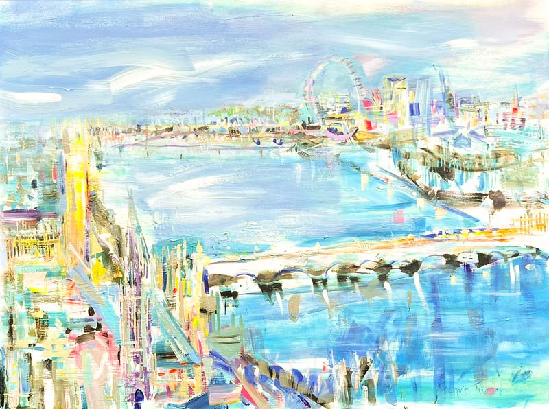 Jacquie Turner ref 1031 Sun Rising through the Mist on the Thames at Westminster (910 mm x 1220 mm)